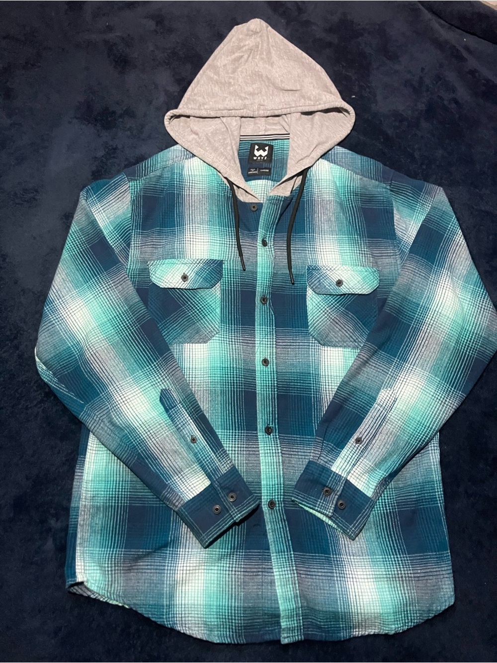Men's Plaid Hooded Button-Down Shirt - Teal/Blue